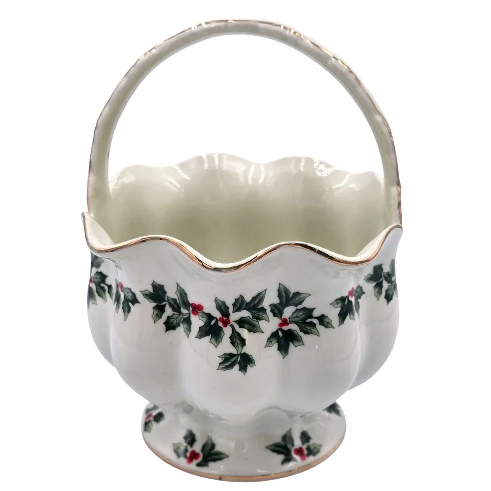 Living Quarters Christmas Holly‎ Berry Ceramic Footed Basket Candy Dish Flowers